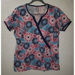 Med Couture Sz M Medium Scrub Top Floral Print Pink & Blue Flowers Spring Summer